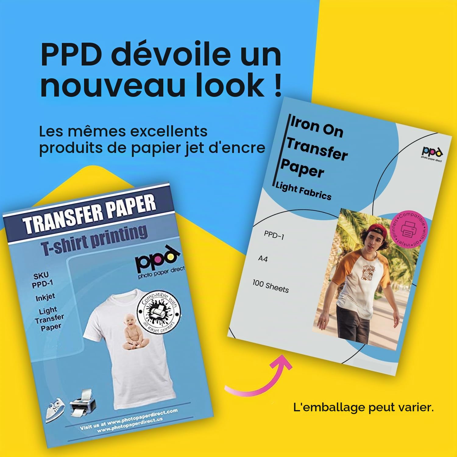 PPD 100xA4 Papier Transfert Tee-Shirt/Textiles Blancs ou Clairs, Fond Transparent, Personnalisable, Thermocollant, Impression Jet d’Encre PPD-1-100