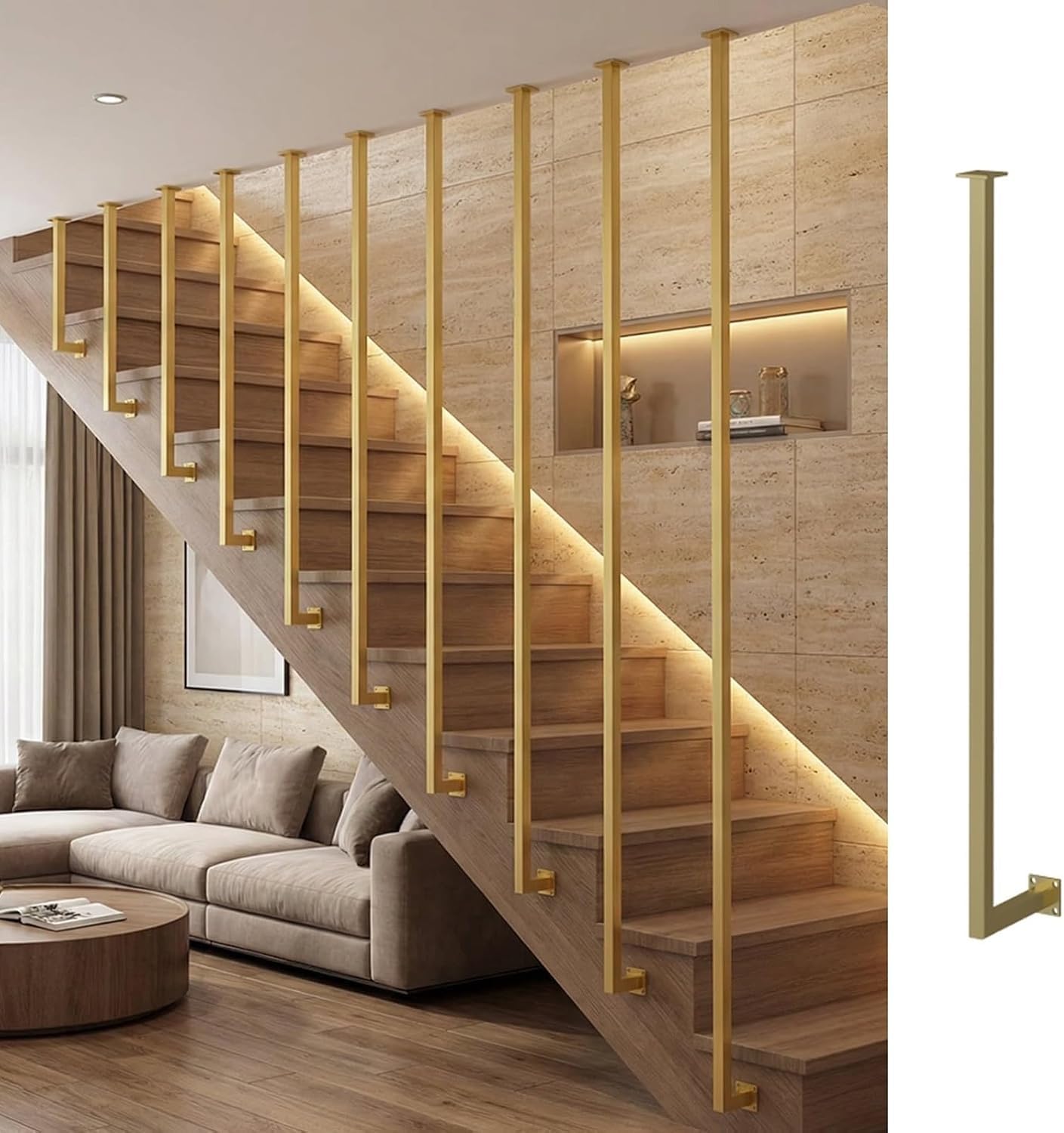 AVLLSO Stair Spindle L-Type Railings Columnar Sidewall to Ceiling, Black Stair Handrail Guardrail with Screws Kits(Gold,H-145cm(4.8ft))