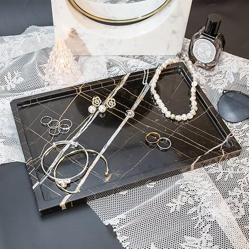 Miniatura 7 de Bandeja de almacenamiento de mármol natural de lujo para decoración del hogar, bandeja de piedra para bañococinatocadoraparador sin resina(negro