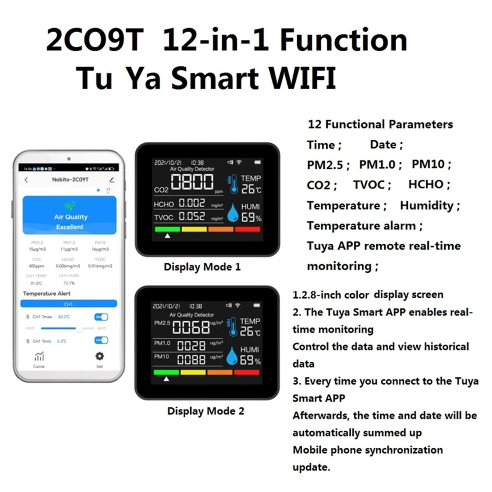 monitor di co2, Rilevatore Di Qualità 'aria 14 In 1 Smart WIFI APP CO2 PM2.5 HCHO Umidità E Temperatura Data Ora Con Display A Colori Da 2,8" Per La Casa per casa, ufficio, auto