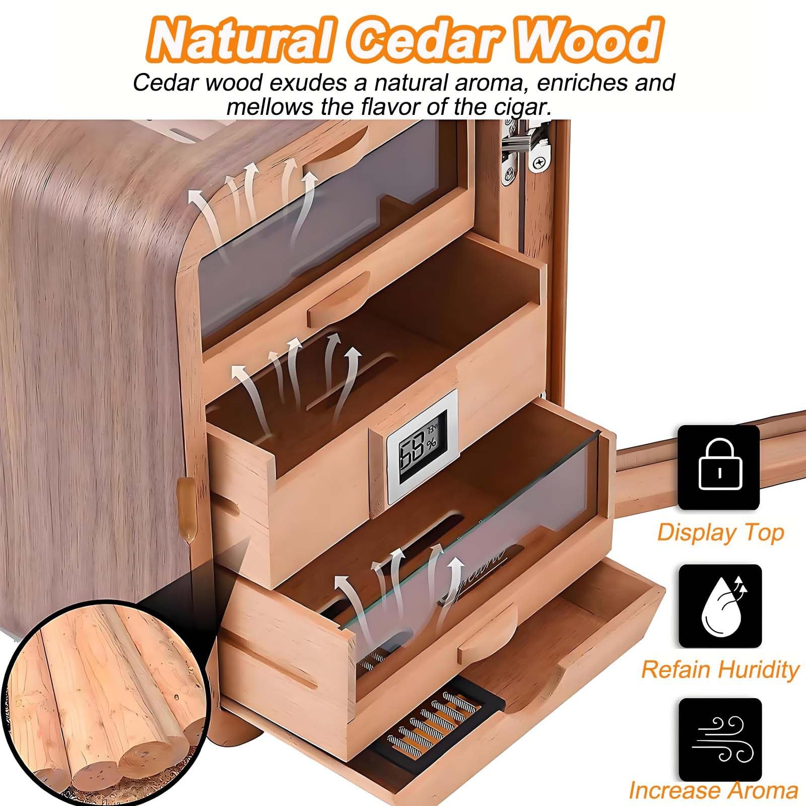 Humidor z drewna cedrowego, elektryczny nawilżacz powietrza do cygar z cyfrowym higrometrem i pojemnością na 110 cygar. Nawilżacz powietrza dla mężczyzn. A