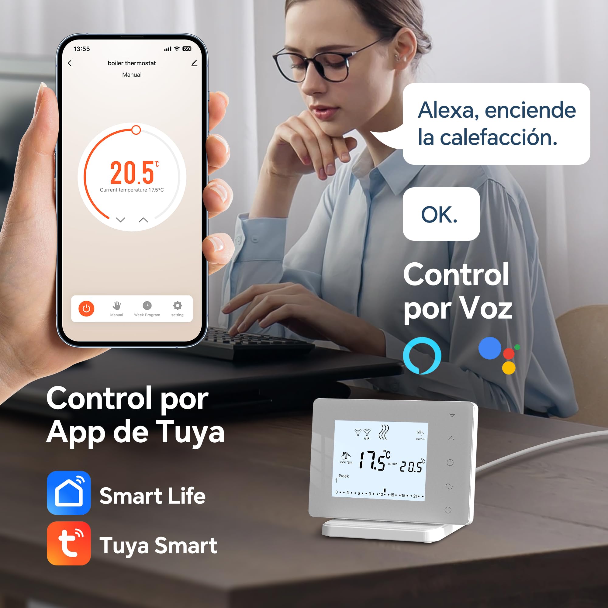 Termostato WiFi de caledera con Alexa,Control Vocal.Termostato programable Tuya,Control Remoto por App o la Pantalla de táctil.Termostato Portátil para Calefaccion de Gas/Agua 306RF