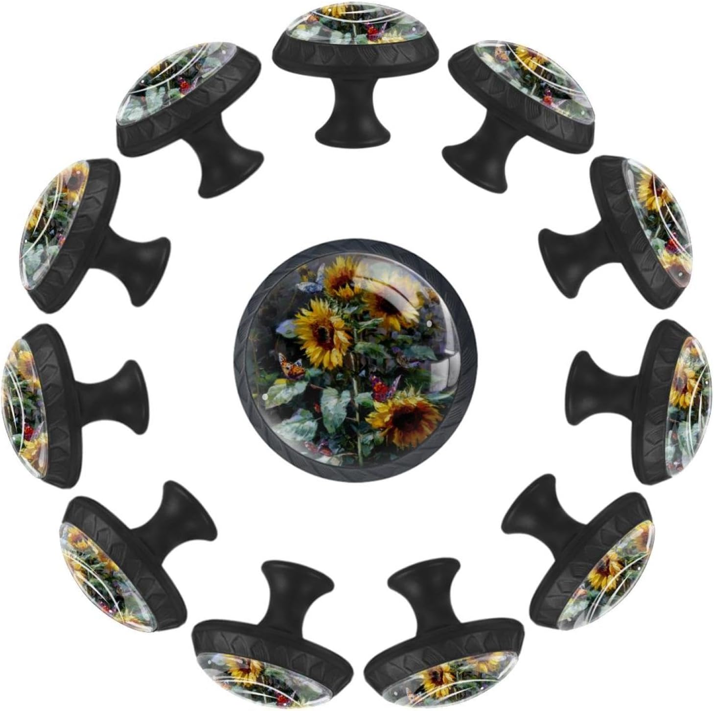 Black Finish Butterflies Sunflowers Printed Drawer Knobs, Stylish Cabinet Hardware for Bedroom Closet, Cupboard and Furniture Upgrade