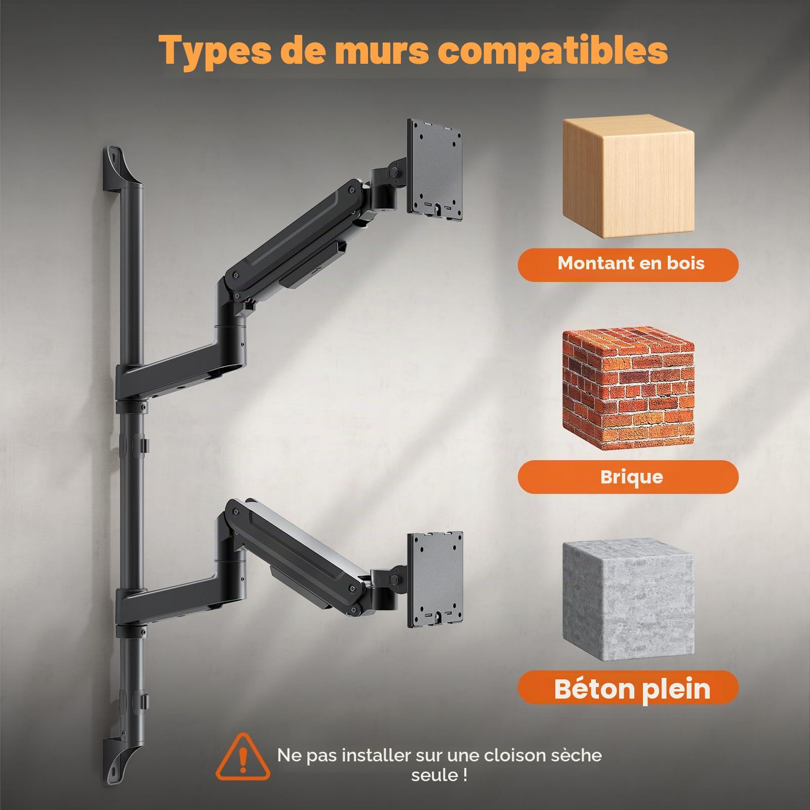 PUTORSEN Support Mural Double Bras pour écrans 17-49 Pouces, Bras Articulé Réglable à Ressort à Gaz,Charge Max 20kg par Bras,VESA 75x75/100x100,Solution Gain de Place pour Bureau et Maison, Noir
