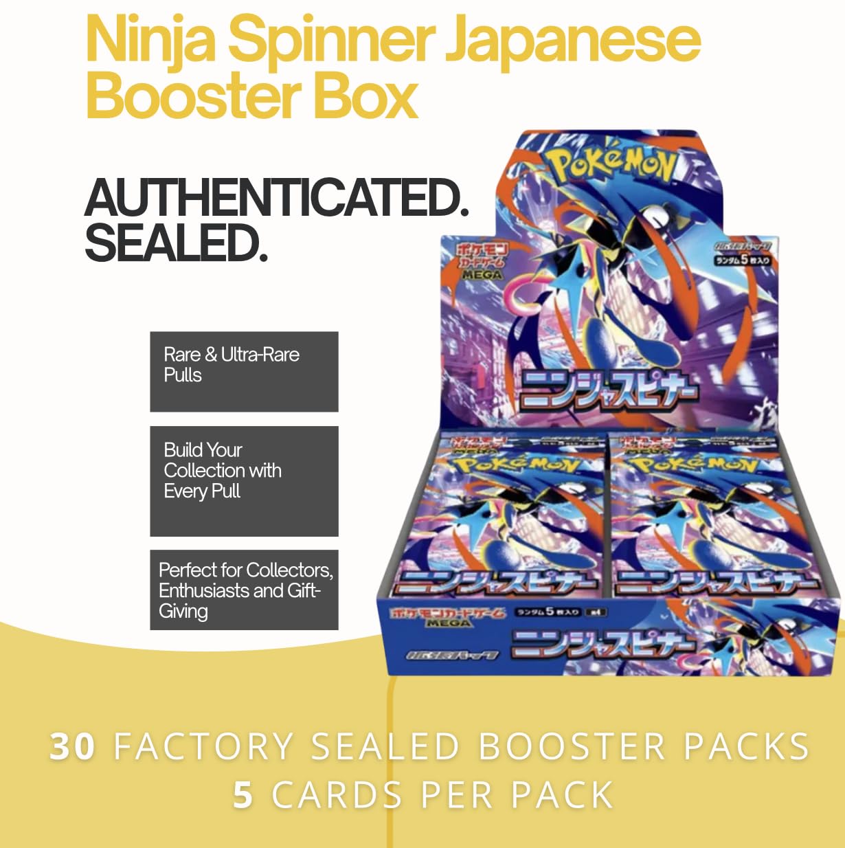 Pokemon TCG Ninja Spinner japońskie pudełko Booster Box (30 paczek) | Rosnące japońskie karty Pokémon Chaos | Seria Mega Evolution, 5 kart w opakowaniu, uwierzytelnione przez Titan