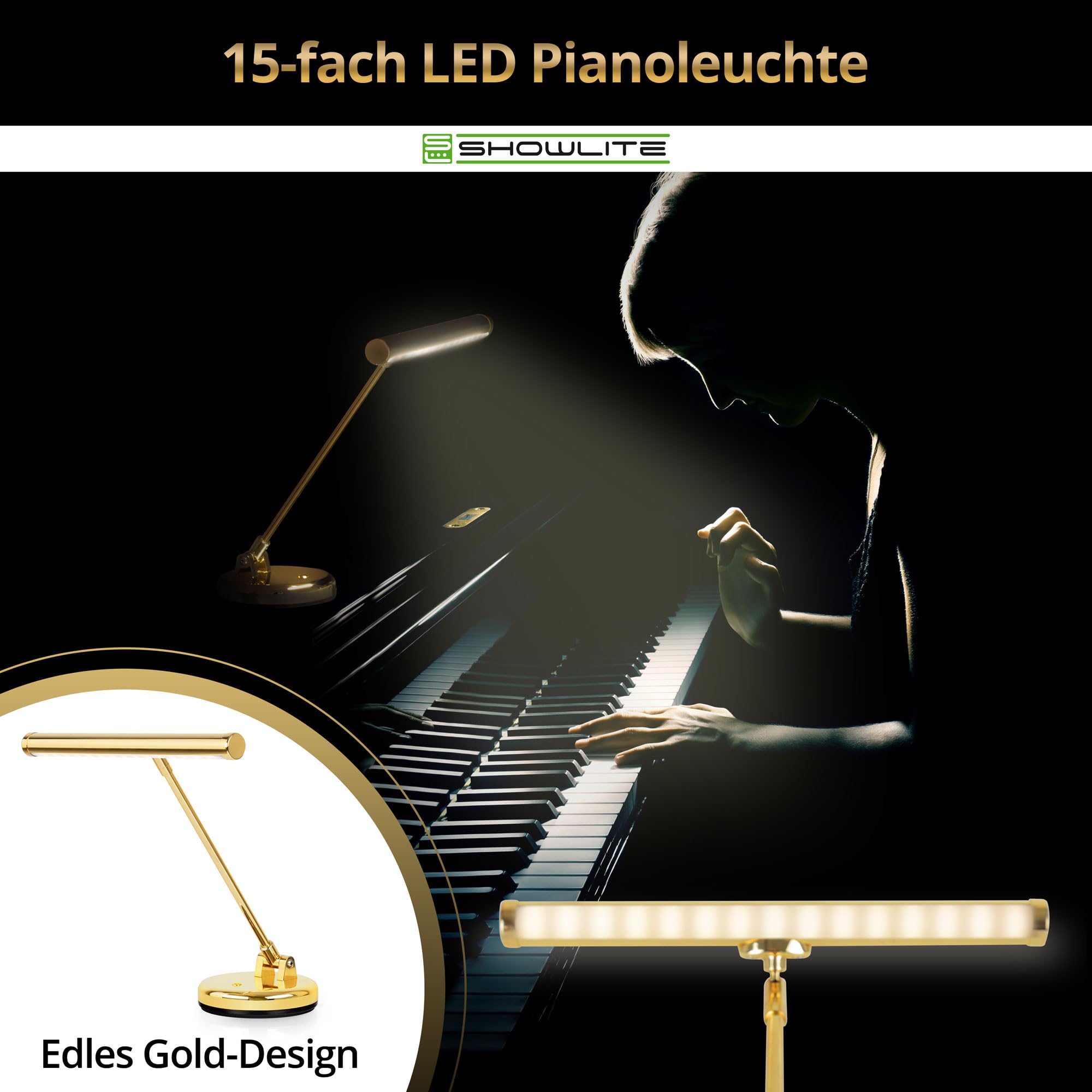 Showlite PL-1-GD-WW Lampada LED per Pianoforte - Lampada per Pianoforte con 15 LED - luce warm white a 2 livelli - altezza 36 cm - alimentazione via USB, rete o batteria - oro lucido