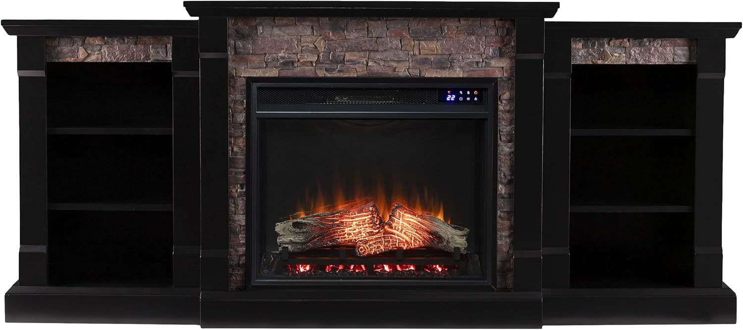 SEI Furniture Gallatin Faux Stone Electric Fireplace with Bookcases, New Satin Black
