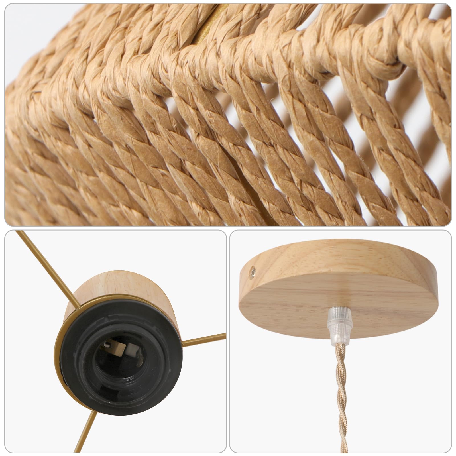 LynPon Boho Pendelleuchte Rattan Korbgeflecht Hängeleuchte Kronleuchter Deckenleuchte Wohnzimmer Schlafzimmer Esszimmer Flur Treppe Küchen Mit Lampenschirm, Ohne E27 Glühbirne