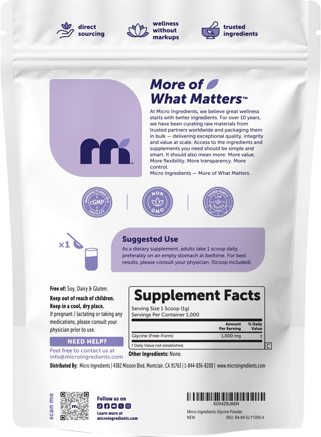 Micro Ingredients Glycine Powder, 1KG (2.2 Pounds), Glycine 1000mg Per Serving, Water Soluble and Product of USA — Amazon image 7