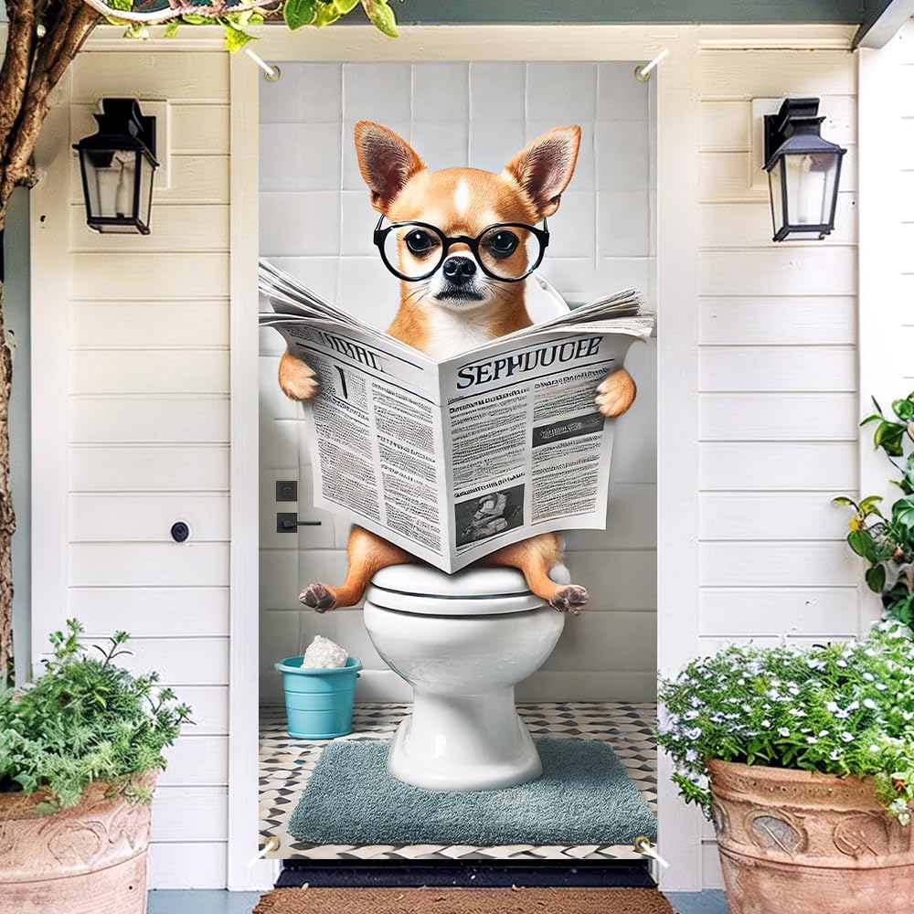 Funny Chihuahua Toilet Newspaper Dog Door Cover 35x71in