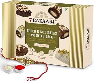 7 BAZAARI Premium Choco & Nut Stuffed Dates with Rakhi Gift | No Added Sugar, Gluten Free, Natural Ingredients | Almond Dark & Cashew Milk Chocolate | 6pcs Pack