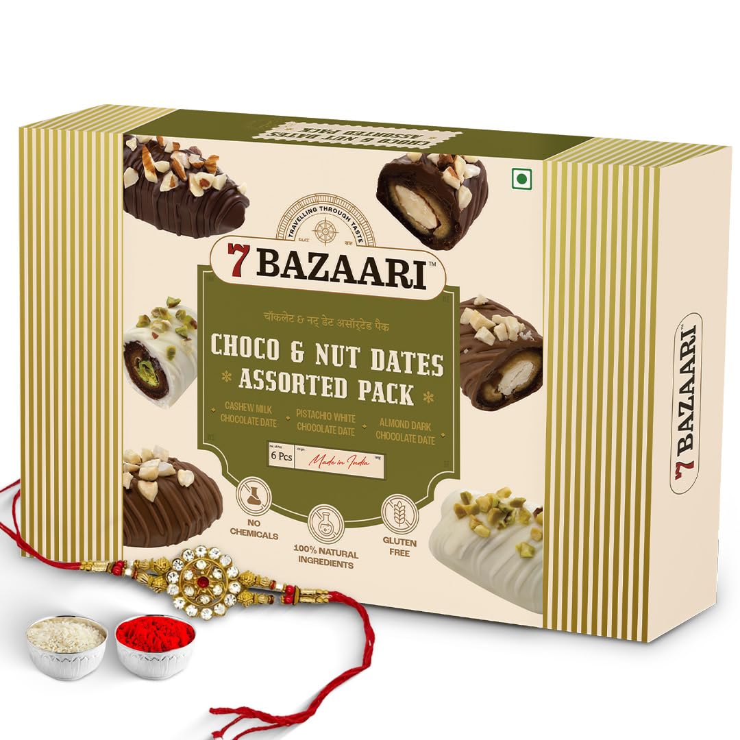 7 BAZAARI Premium Choco & Nut Stuffed Dates with Rakhi Gift | No Added Sugar, Gluten Free, Natural Ingredients | Almond Dark & Cashew Milk Chocolate | 6pcs Pack