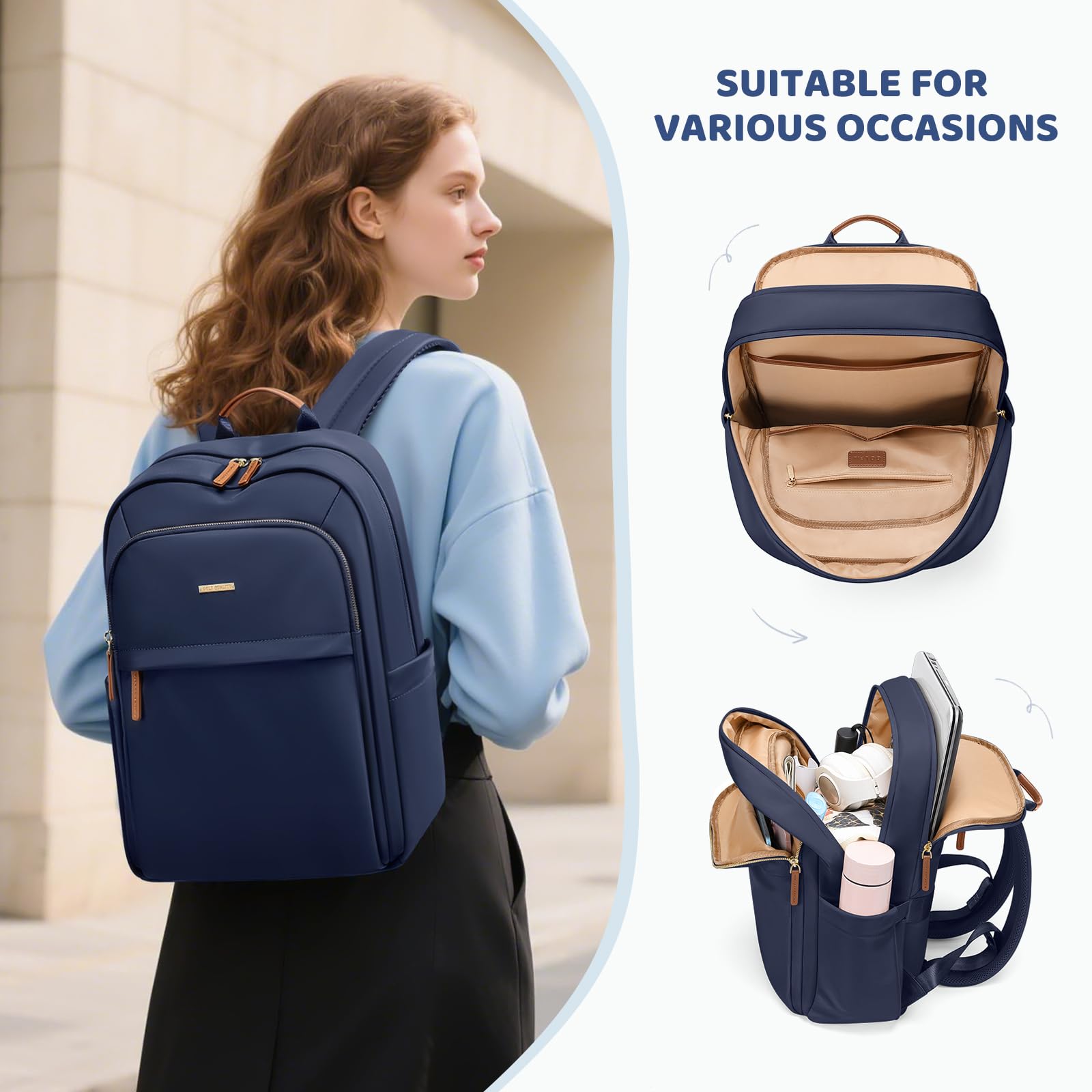 Sac à dos de voyage GOLF QUALITY pour femmes Sac de transport imperméable Sac de week-end d'affaires Sac à dos de randonnée Multicouche Sac pour ordinateur portable, 16 pouces, A-bleu marine., 16 Inch