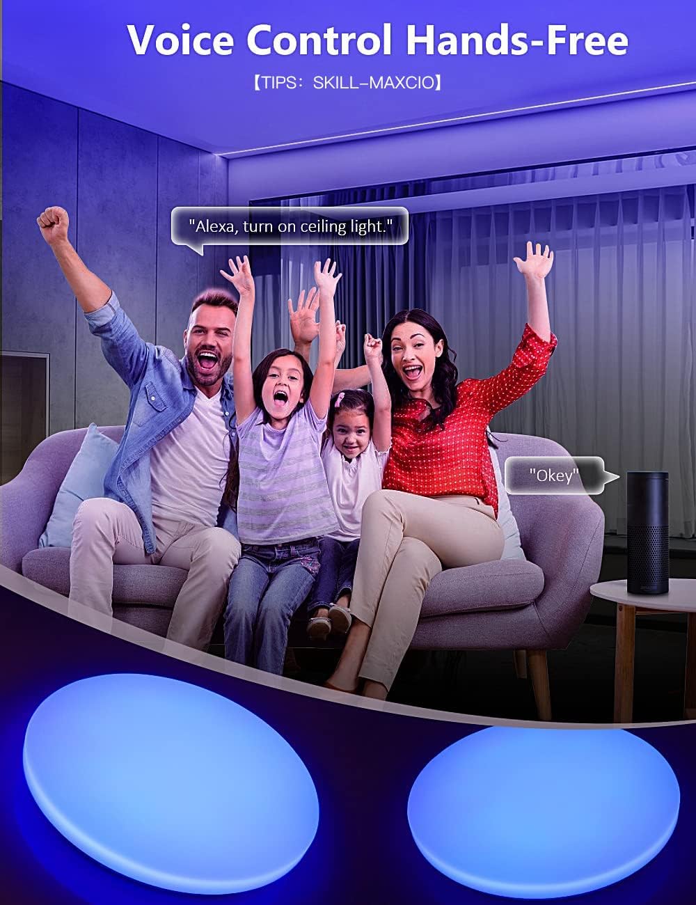 Family using voice control with an Amazon Echo device to control the Maxcio ceiling light.
