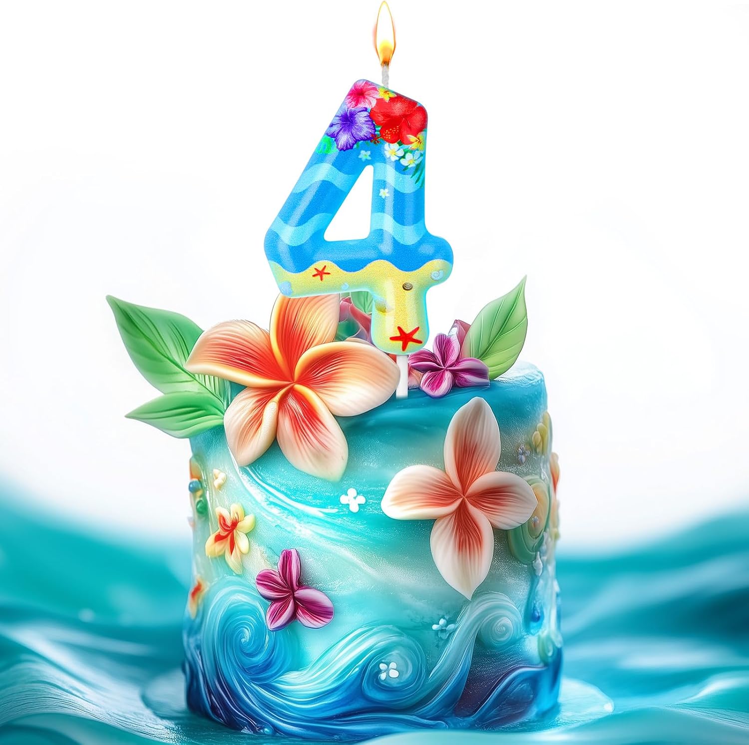 MTLEE Hawaiian Theme Birthday Number Candle for Kids Girls Sea Birthday Party Candle Tropical Cake Topper Ocean Theme Decoration Blue Luau for Summer Beach Cake Party Supplies Wedding Favors(Number 4)