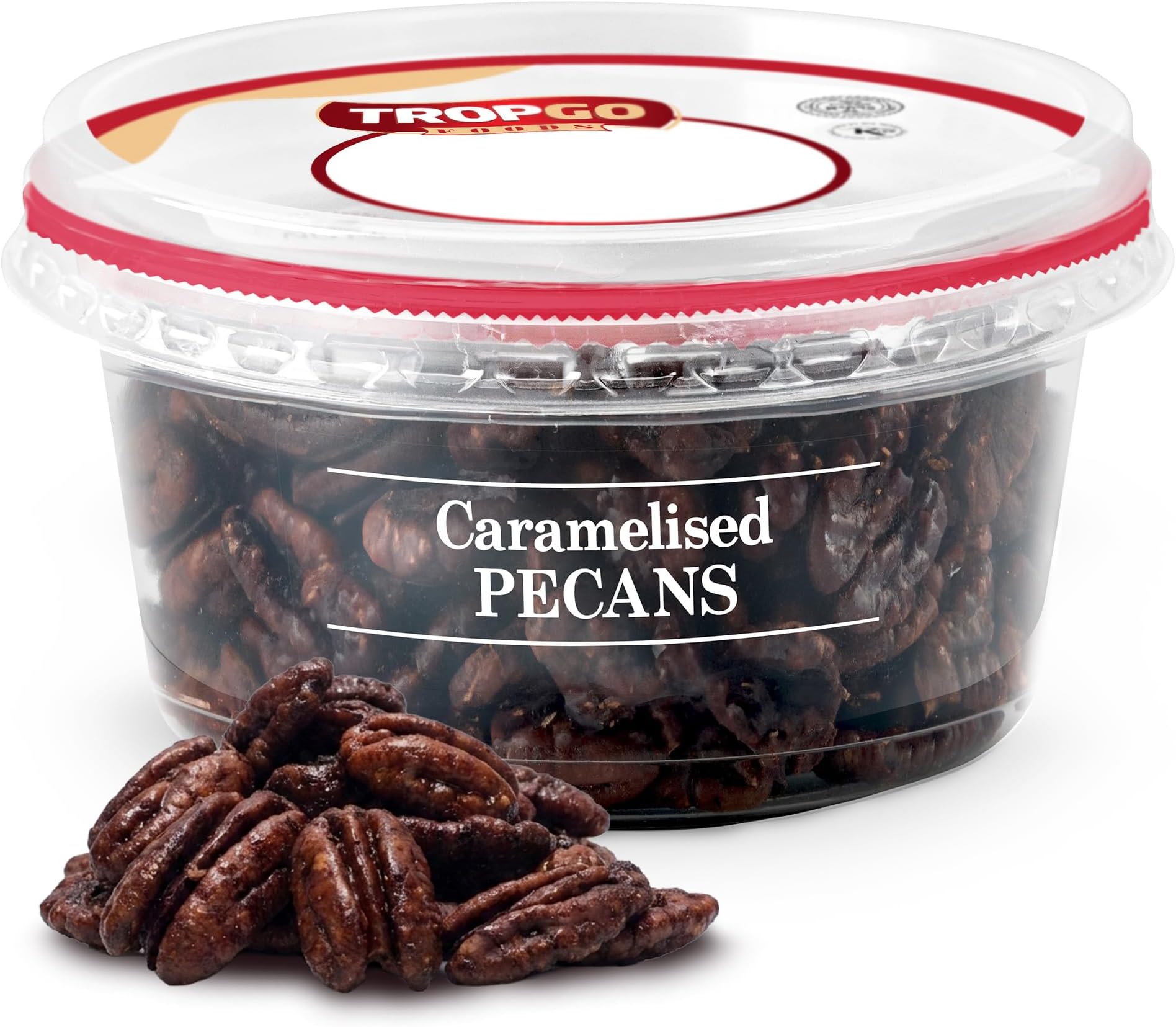 Tropgo Caramelised Pecans 160gm - Sweet Nuts in a Resealable and Recyclable Nut Tub - Wholesome Trail Mix with Fibre Protein and Essential Minerals - Healthy Nuts for All Ages