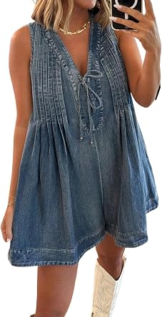 Halfword Shorts Denim Romper for Women Sleeveless V Neck Tie Front Ruffle Jean Short Overall Sexy Jumper with Pockets
