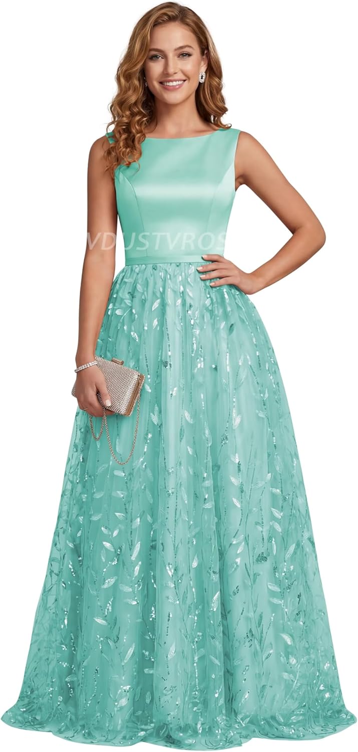 Satin Tulle Formal Prom Dress Long Ball Gown 2026 Sleeveless A Line Leaf Embroidery and Sequin Gowns Puffy