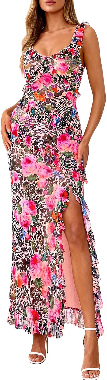 PRETTYGARDEN Women's Summer Spaghetti Strap Maxi Dress Sleeveless Side Slit Mesh Cocktail Dresses Beach Vacation Sundress