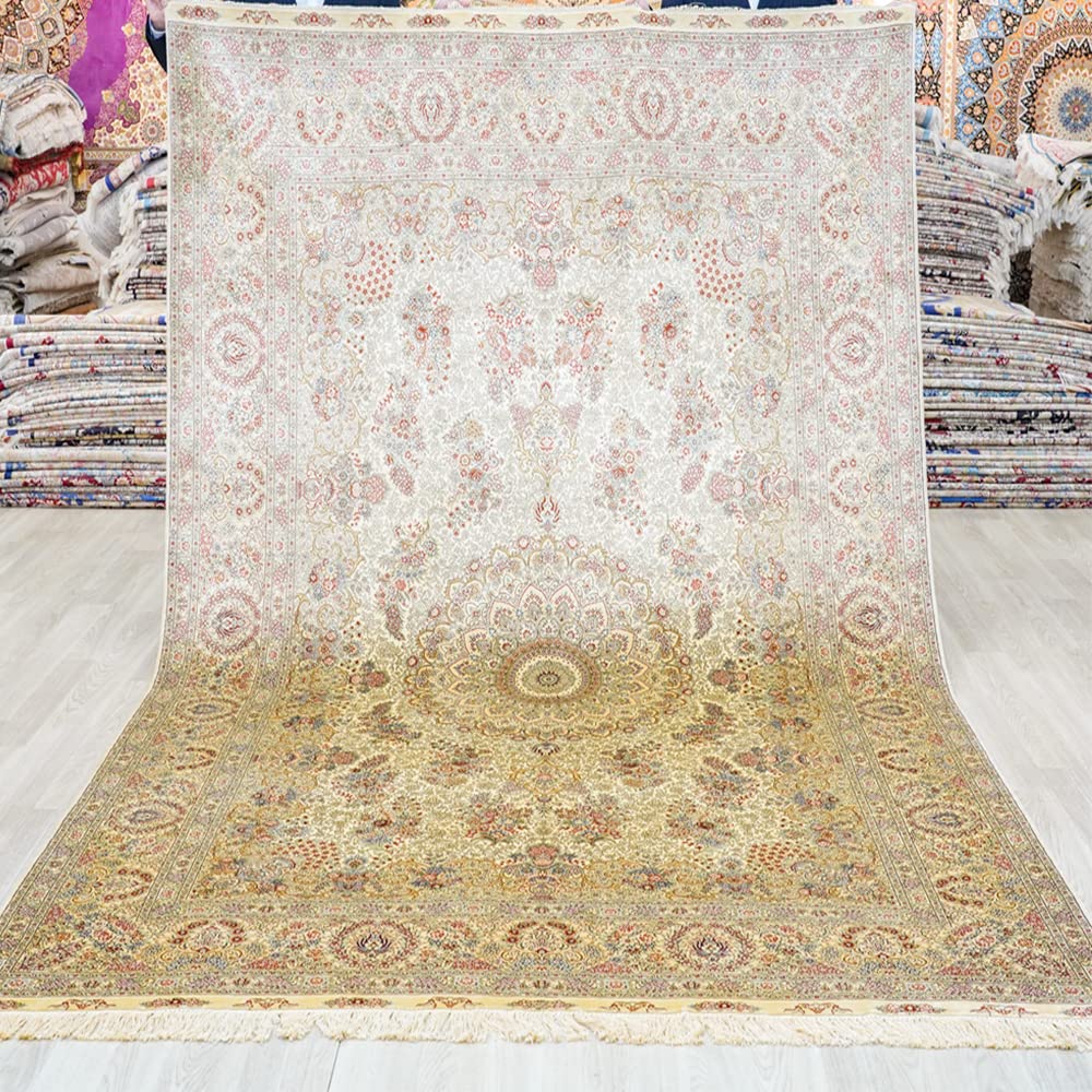 Yuchen Carpet Silk Rug 6x9 Beige Hand Knotted Traditional Vintage Luxury Oriental Silk Area Rug for Living Room