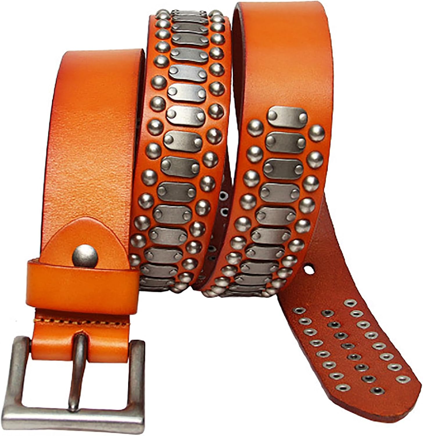 Genuine Leather Rivets Belts for Jeans Pants Dresses, Vintage Retro Circle Rivets Belt with Buckle for Women Men