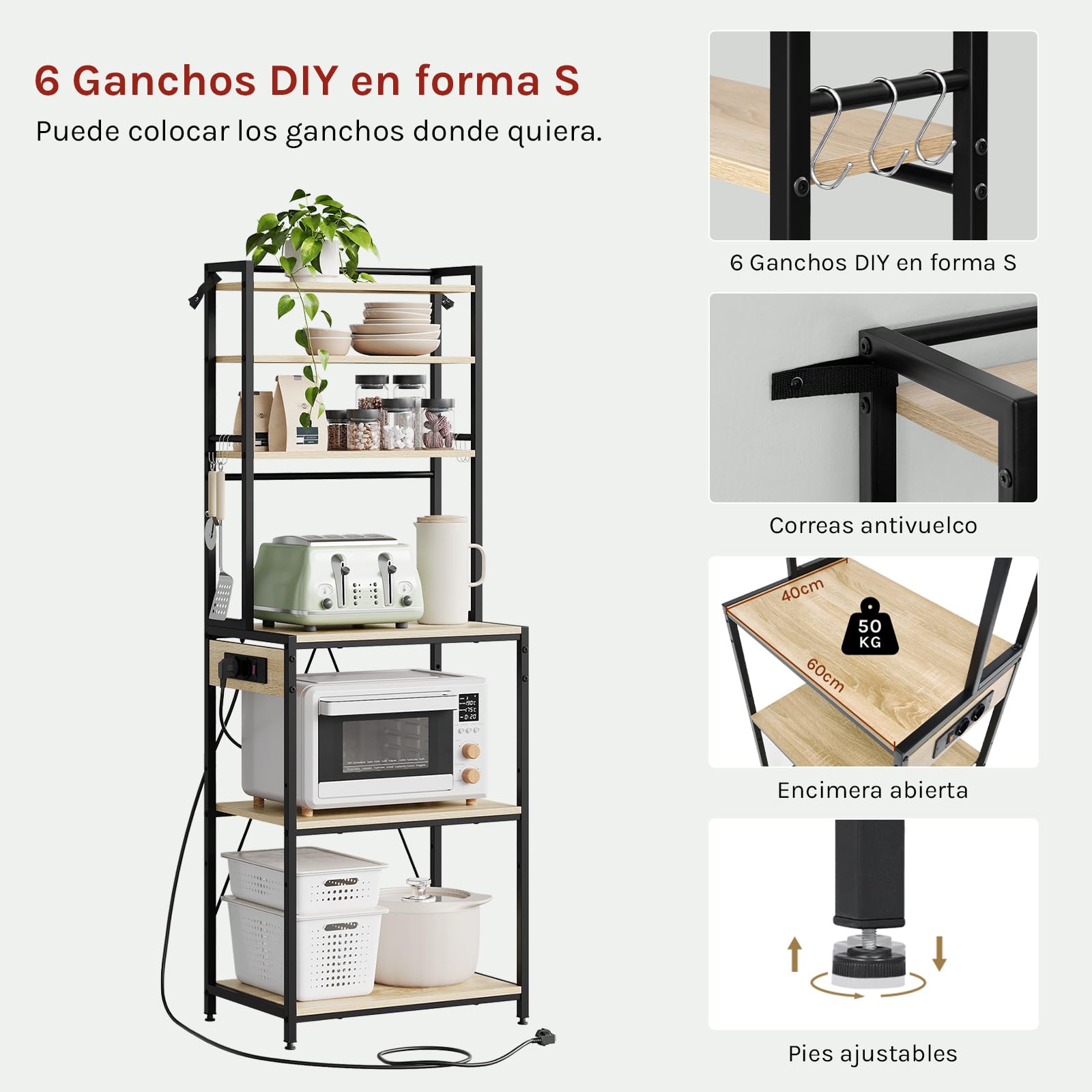 WOLTU Estantería Cocina con Enchufes, Soporte para Microondas con 6 Estantes y 6 Ganchos, Estanteria Almacenaje para Cocina Baño Salón, Metal+Madera, Negro+Roble Claro, 60x39,5x167 cm