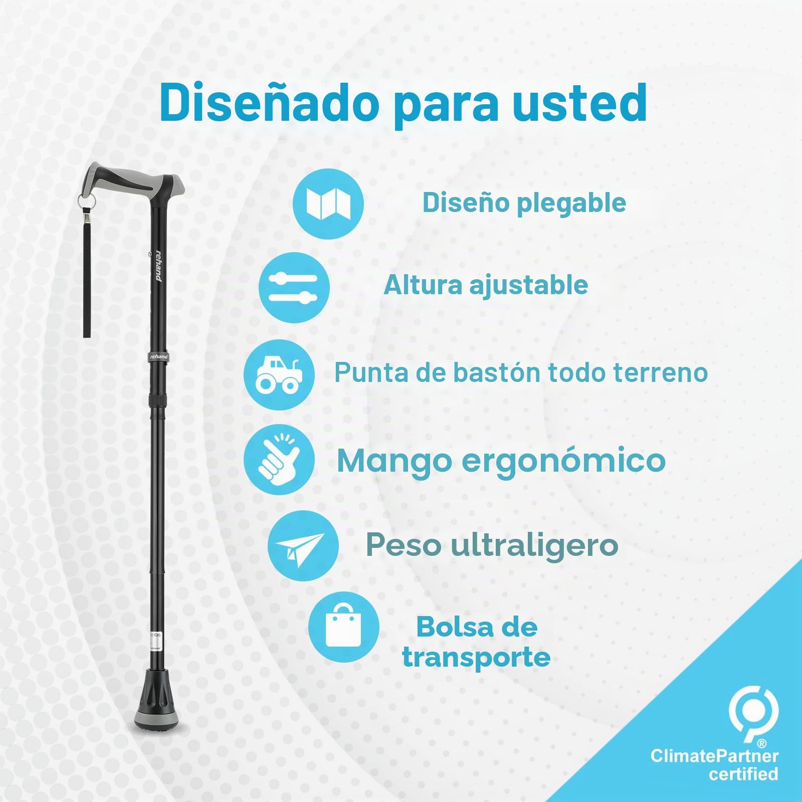 Rehand Bastón Plegable Todo Terreno, Bastones para Mujeres y Hombres, con Punta Giratoria y Ayuda de Movilidad de Alta Resistencia, Bastón Ajustable para Ancianos y Mujeres