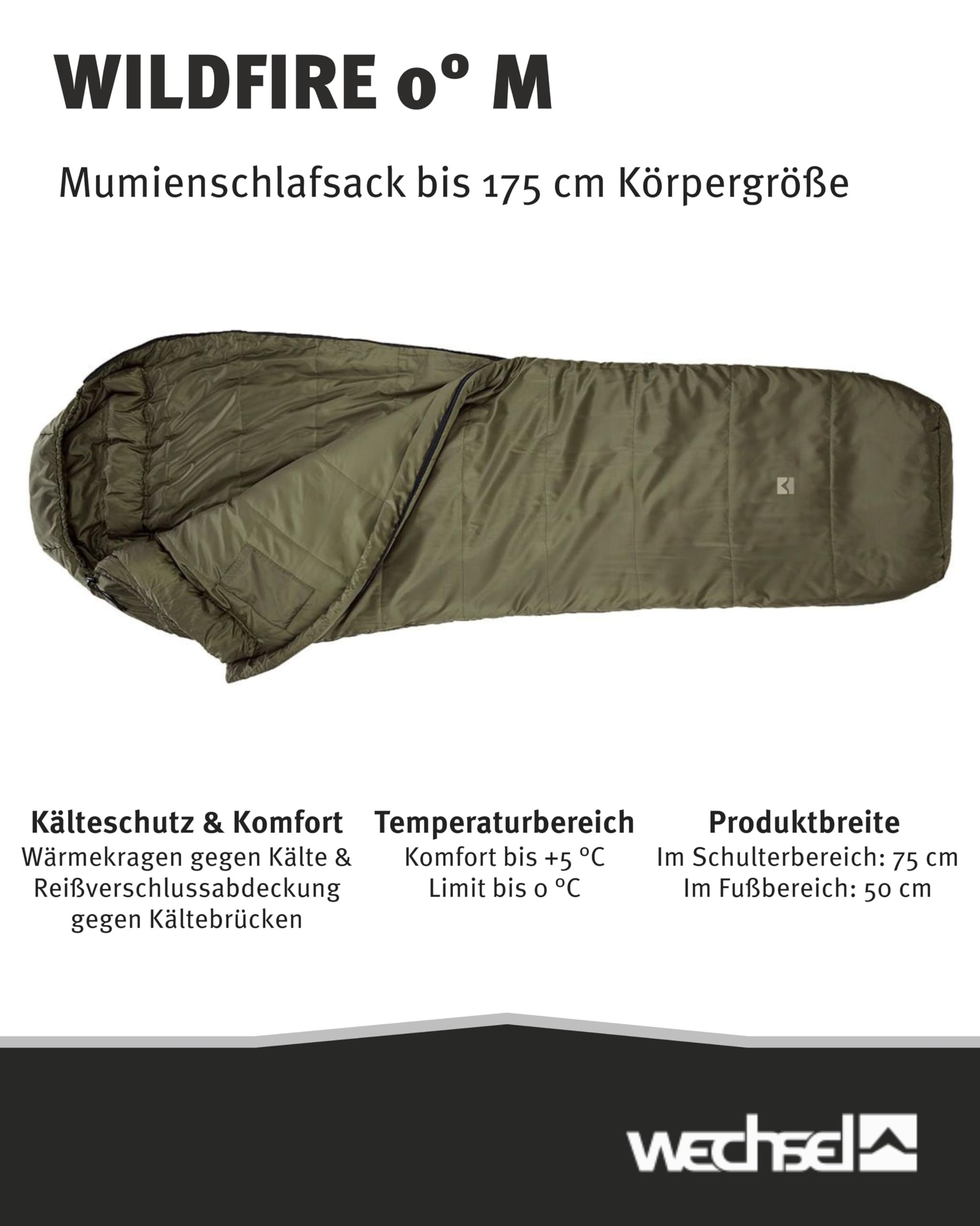 Wechsel Mumienschlafsack Wildfire 0 °C I 4-Jahreszeiten Schlafsack I Kompakt & leicht I Für Temperaturen von 0°C bis 10°C I Ideal für Camping & Outdoor I Größe M
