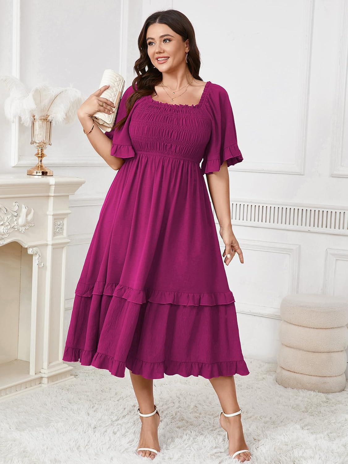 SCOMCHIC Women's Plus Size Maxi Dresses Summer Short Sleeve Square Neck Smocked Wedding Guest Cocktail Boho Long Dress