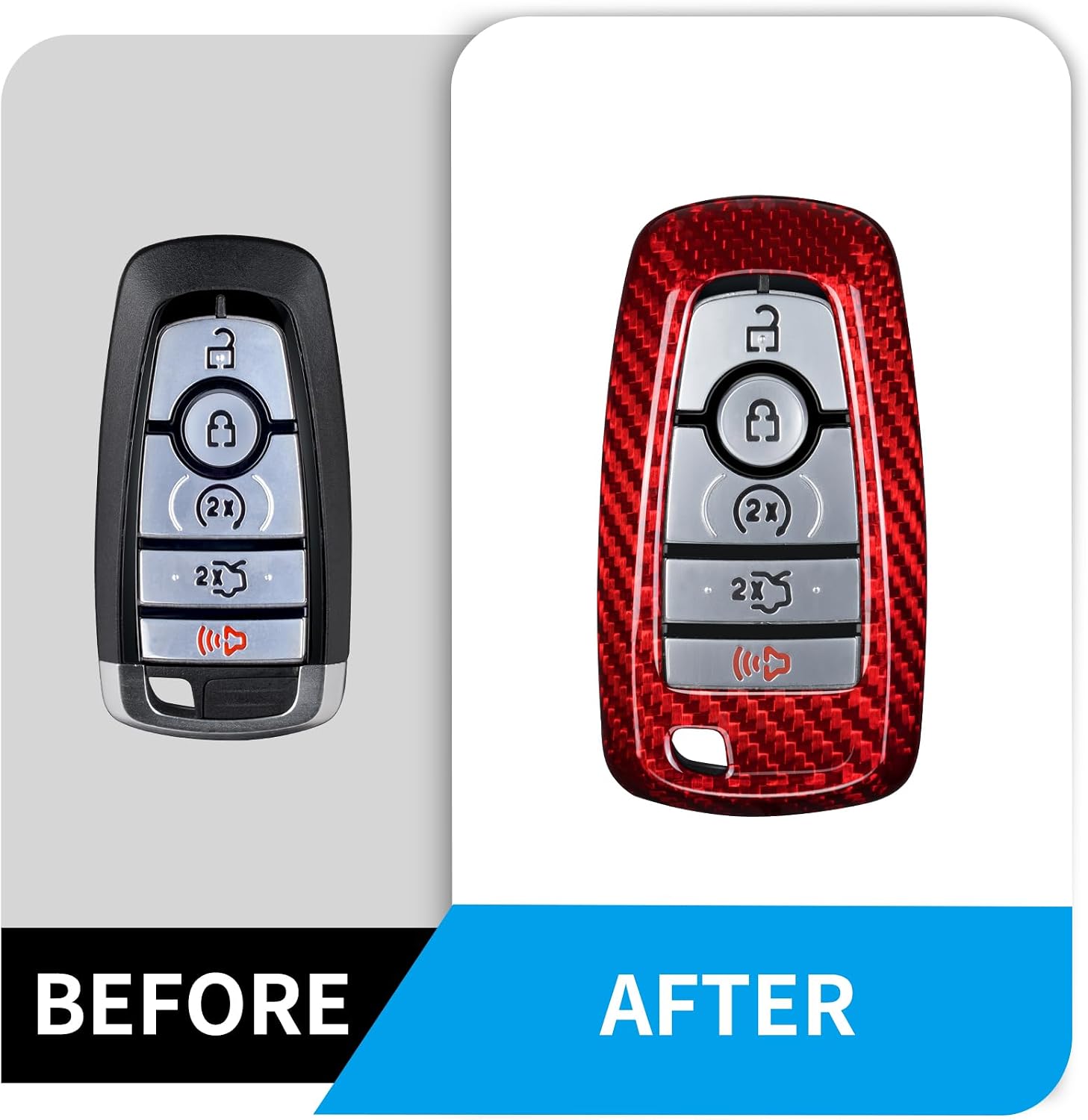 T-carbon Key Fob Cover Fits Ford F150 F-250 F-350 2018-2025,Real Glass Fiber Key Shell with Keychain Fits Ford Mustang Maverick Edge Explorer Escape 2023 2024 3/4 /5 Buttons Smart Key Accessories Red