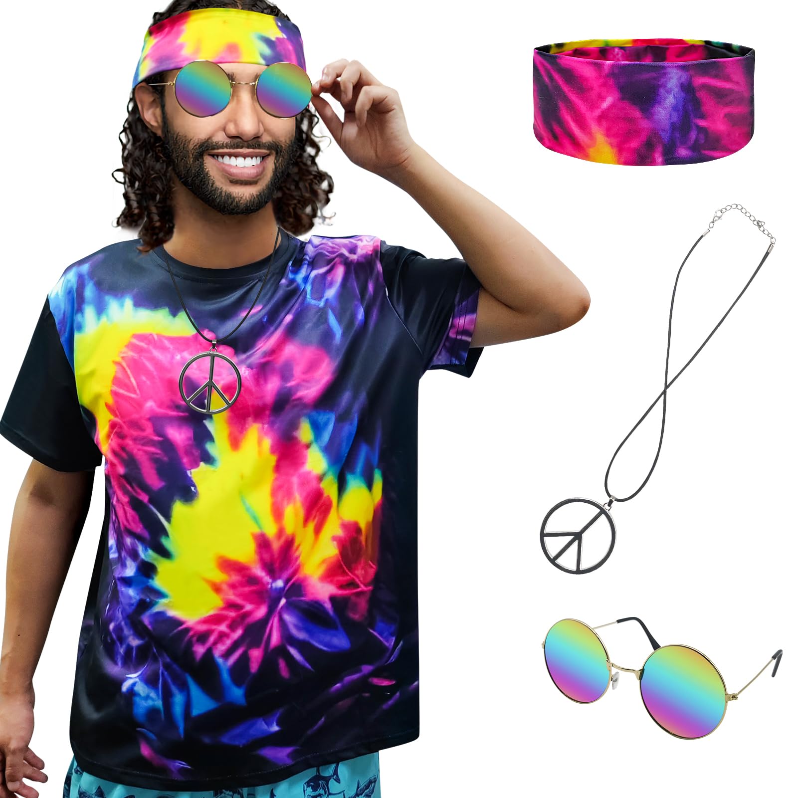 XonyiCos Hippie Costume for Men Women 60s and 70s colorful T-shirt sunglasses headband Peace necklace 4-piece theme party (Black 4-piece set, Medium) โ image 1