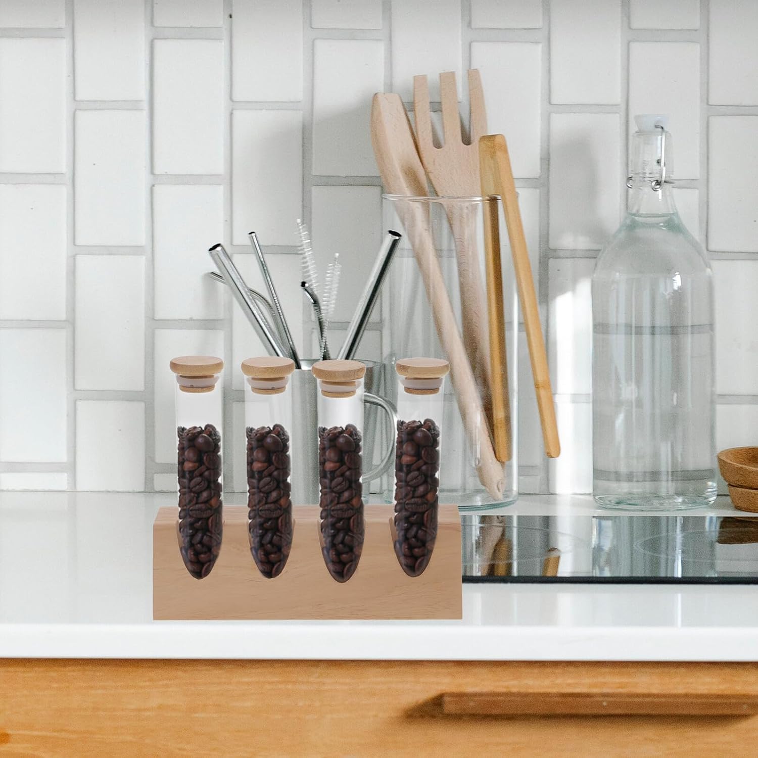 Glass Coffee Bean Storage Tubes with Airtight Lid and Wood Stand, Small Flat-bottom Glass Jars for Coffee, Tea, and Grain Organization, 4pcs Set for Home Kitchen Storage