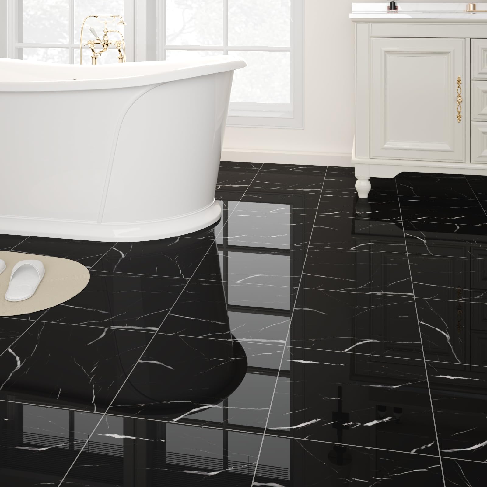 Confezione da 20 piastrelle adesive per pavimenti in vinile, autoadesive, impermeabili, fai da te, per bagno, cucina, soggiorno, camper, 30,5 x 30,5 cm, effetto marmo nero lucido