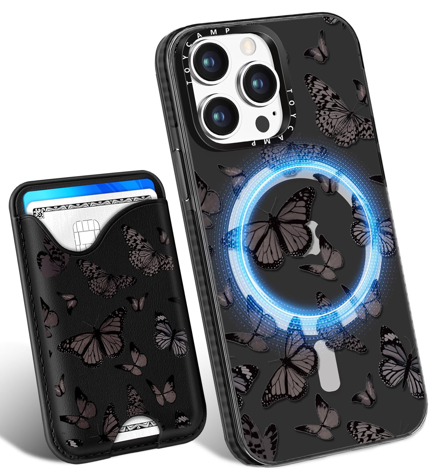 Toycamp for iPhone 13 Pro Case - Compatible with Magsafe Credit Card Holder Wallet Magnetic Cute Women Teen Girls Kawaii Girly Unique Black Butterfly