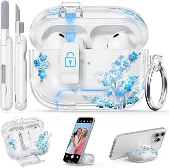 for AirPods Pro 3 Case Cute 2025 with Lock, Soft Clear Floral Case Cover for Apple AirPods Pro 3rd Generation for Women Girly with Keychain Ring, with Phone Stand & Cleaning Kit -Blue Flower