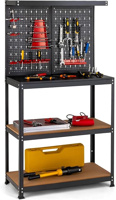 COSTWAY Workbench with Pegboard, Metal Garage Work Bench, 14 Hanging Accessories Included, Heavy Duty Tool Storage Workstation Unit for Workshop Warehouse, 220kg Capacity
