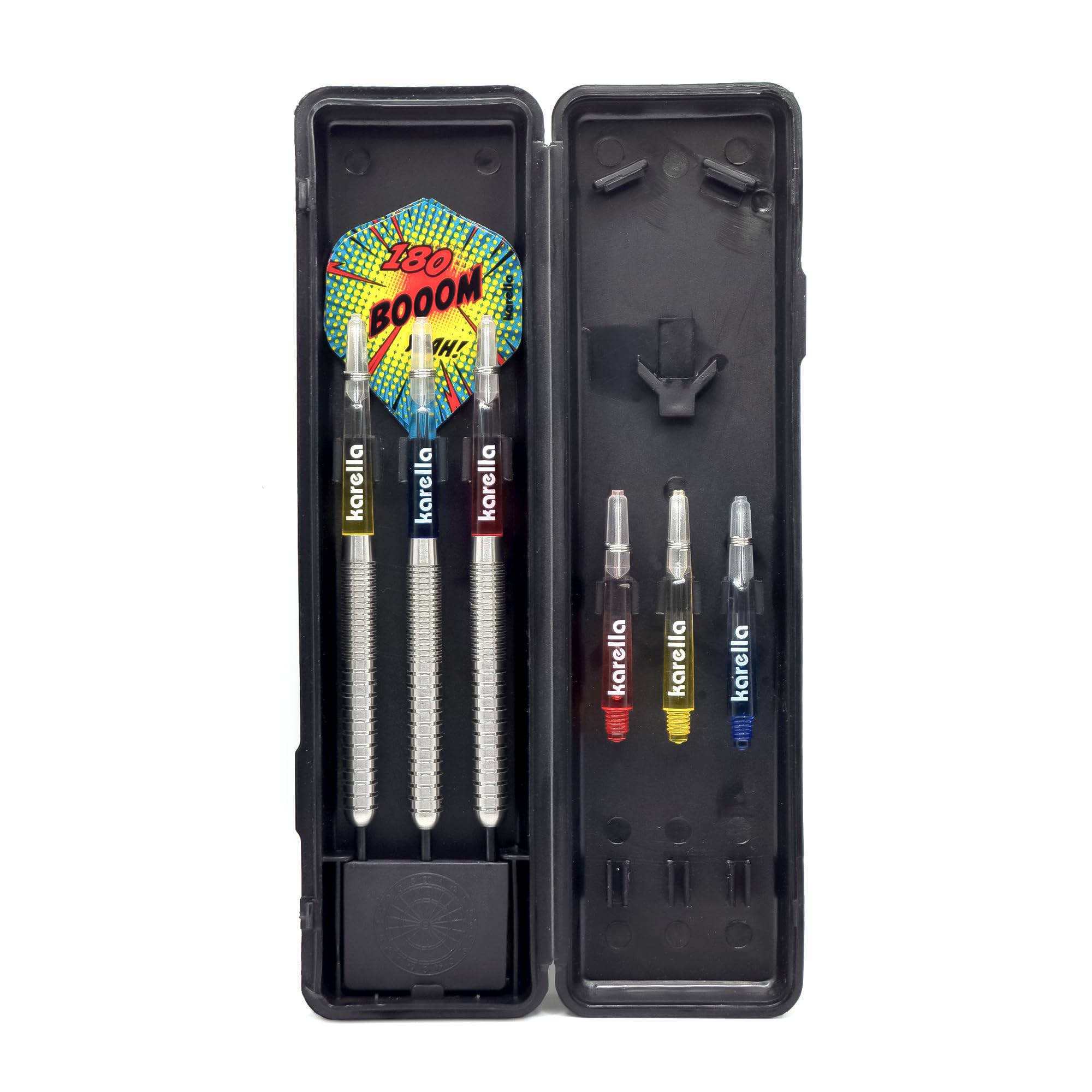 Karella Darts Comic-Line 80% tungsteno, freccette professionali in acciaio, 5 modelli, 21 – 24 g, fusti in policarbonato indeformabili, alette da 100 mic. Freccette con fusti di ricambio e scatola in