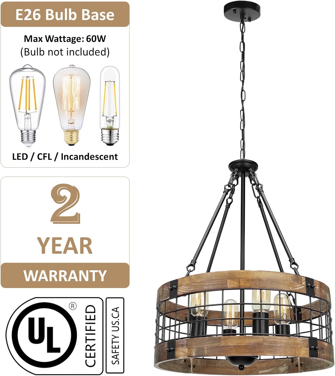 Farmhouse Rustic Chandelier Light Fixture, 4-Light Round Hanging Pendant Lighting for Dining Room Entryway Kitchen Island Foyer Breakfast Area, Black Wood and Black Metal Finish
