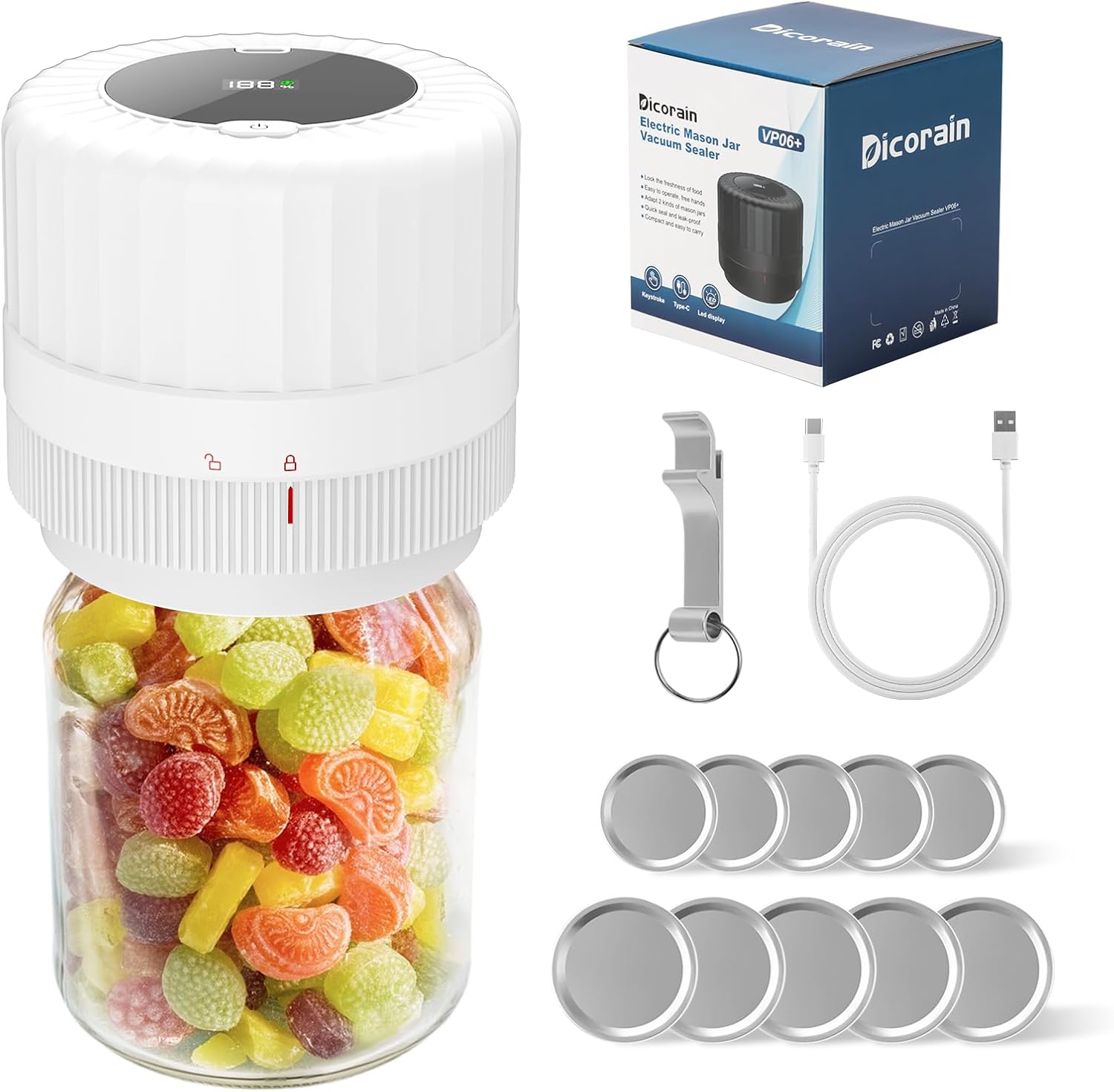 Electric-Mason-Jar-Vacuum-Sealer, Automatic Wide Mouth and Regular Mouth Mason Jar Vacuum Sealer Kit, VP06+ Vaccum Sealer for Jars with Opener & 5 Pairs of Lids (White)