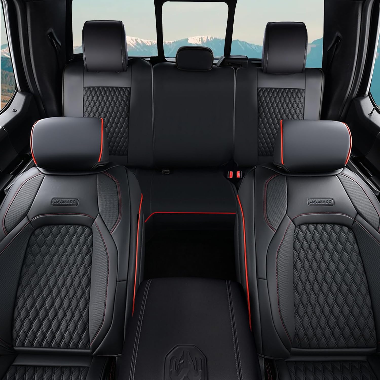 Coverado Dodge Car Seat Covers Full Set, Waterproof Leather Seat Covers for Car Fit for 2009-2018 Dodge RAM 1500, 2010-2024 2500 3500 Automotive Vehicle Seat Covers Protector for Trucks, Red line