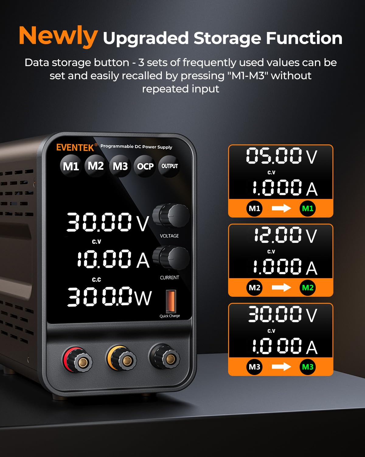 Alimentatore da banco,Eventek Alimentatore da Laboratorio regolabile,archiviazione dei dati,30V 10A, Display LED a 4 Cifre, Con Porta di Ricarica 5V/3.6A USB, Alimentatore Switching, Manopola Encoder