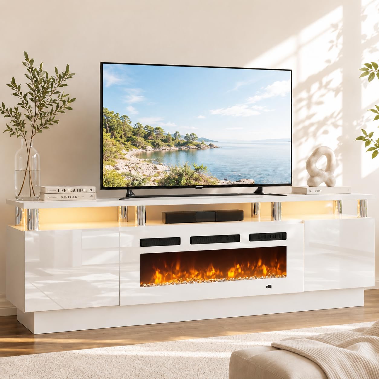 OneBlis 70 inch White TV Stand with Electric Fireplace
