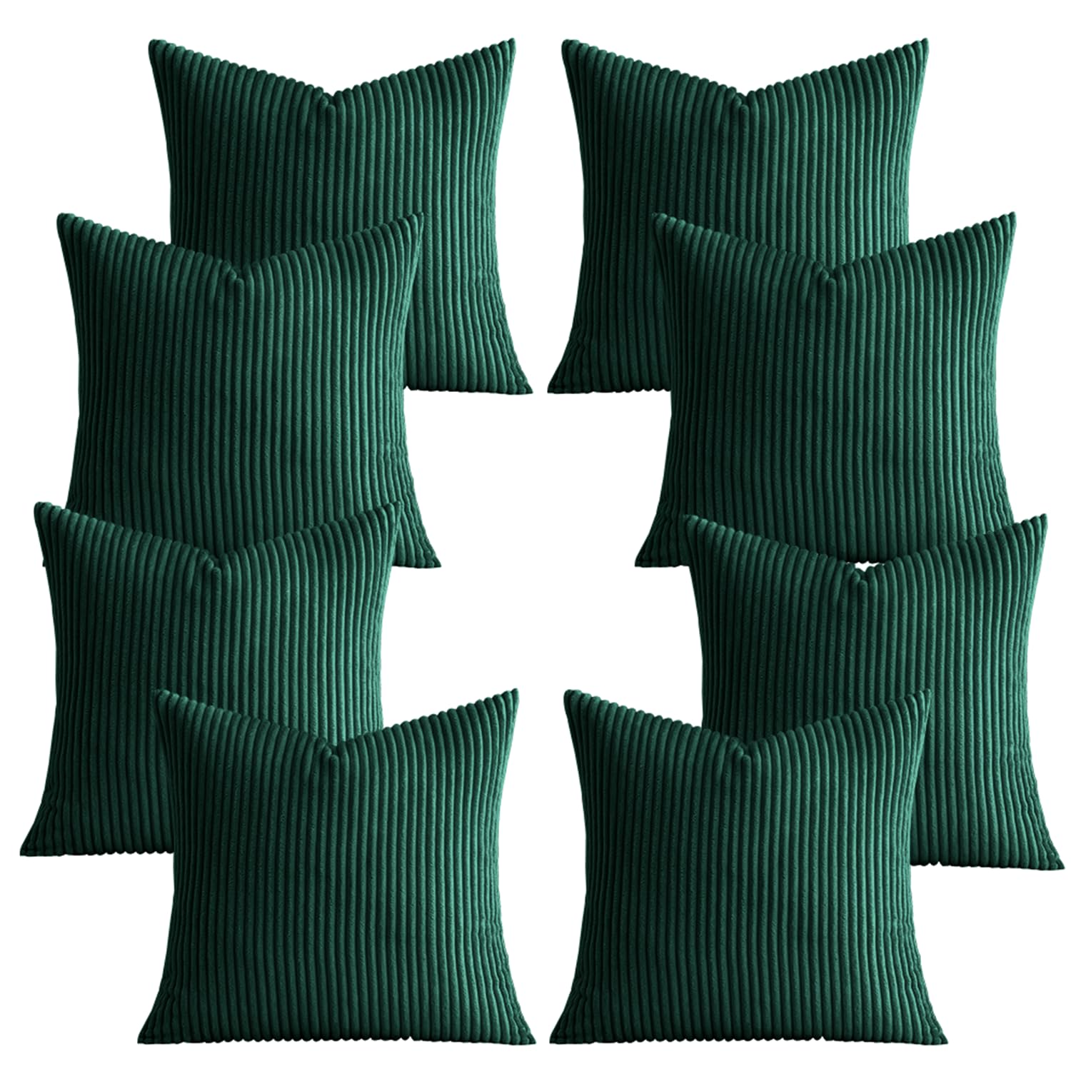 AMEHA Set of 8 Pcs Soft Corduroy Emerald Velvet Cushion Covers 45 x 45 cm with Invisible Zipper Decorative Square Throw Pillowcases for Livingroom, bed, couch, office (18x18 inch Stripe Cushions)