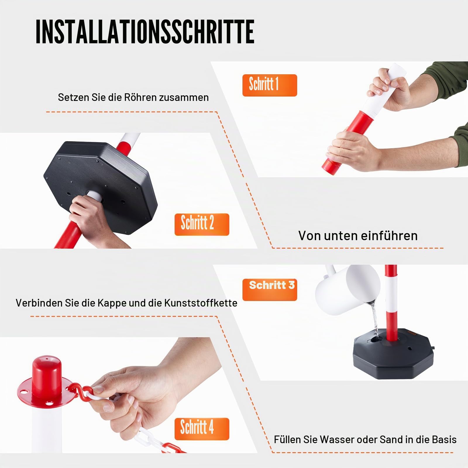 VEVOR Set von 4 Absperrpfosten und 1 Kunststoff-Kette von 10 m Rot und Weiß, Sperrpfosten, Poller Aus PE-Kunststoff für die Verkehrskontrolle oder Warnung an der Auffahrt, Garage, dem Tor usw. Rot