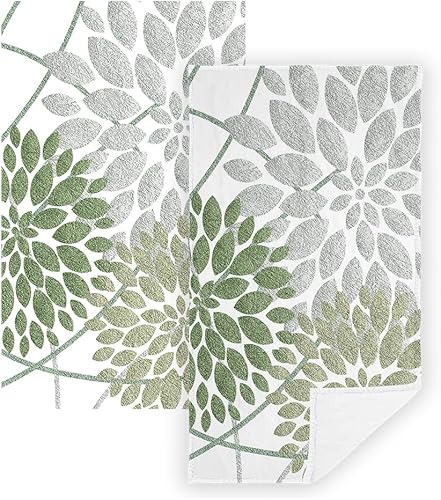 Paquete de 2 toallas de mano de flores de dalia verde y gris para baño, suaves, absorbentes, de secado rápido, toallas de cocina decorativas para