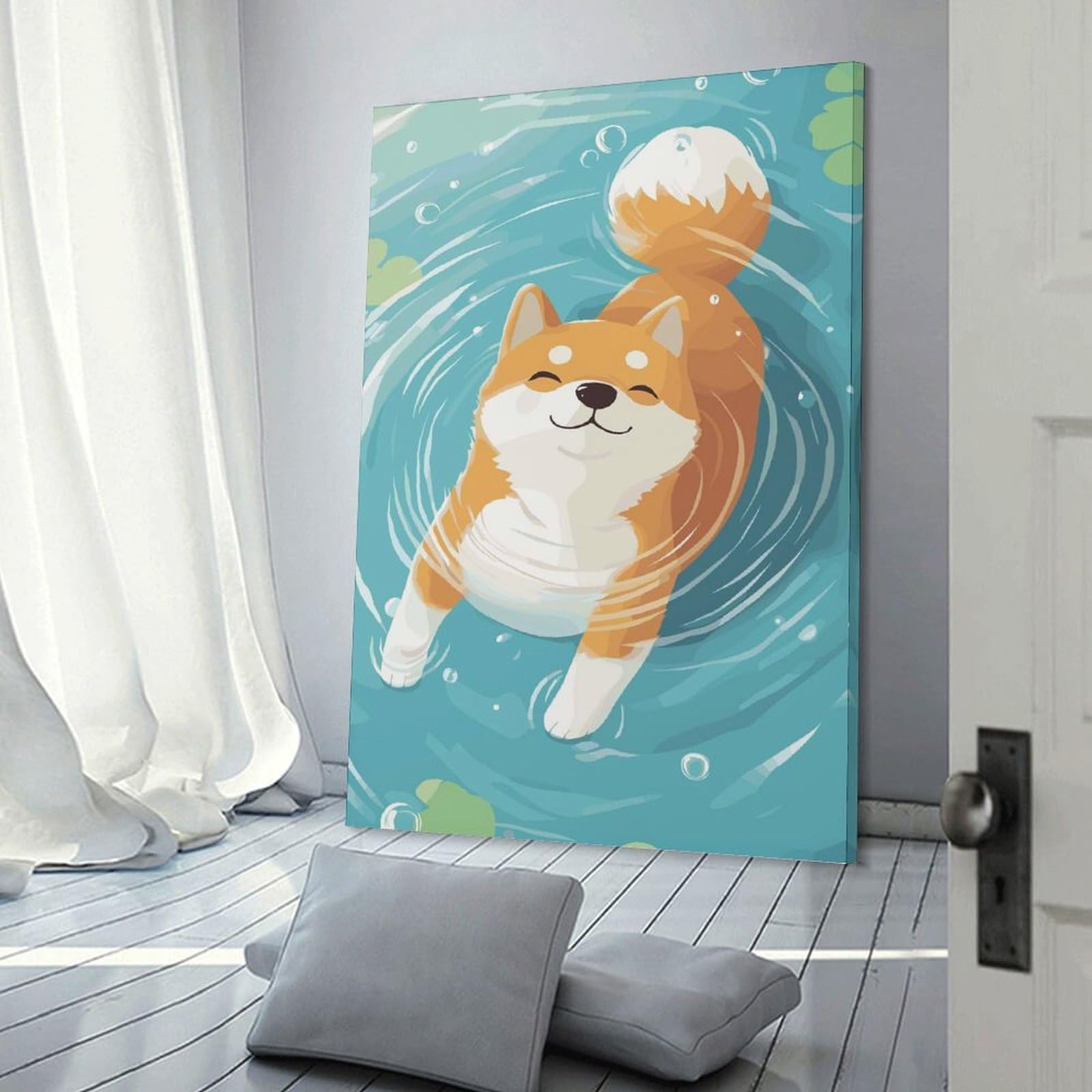 Junmoney Wall Art Print Shiba Inu Swimming, 20x30inch(50x75cm), for Home Lounge, Bedroom Or Reading Nook, Canvas Styling for A Polished Room Look