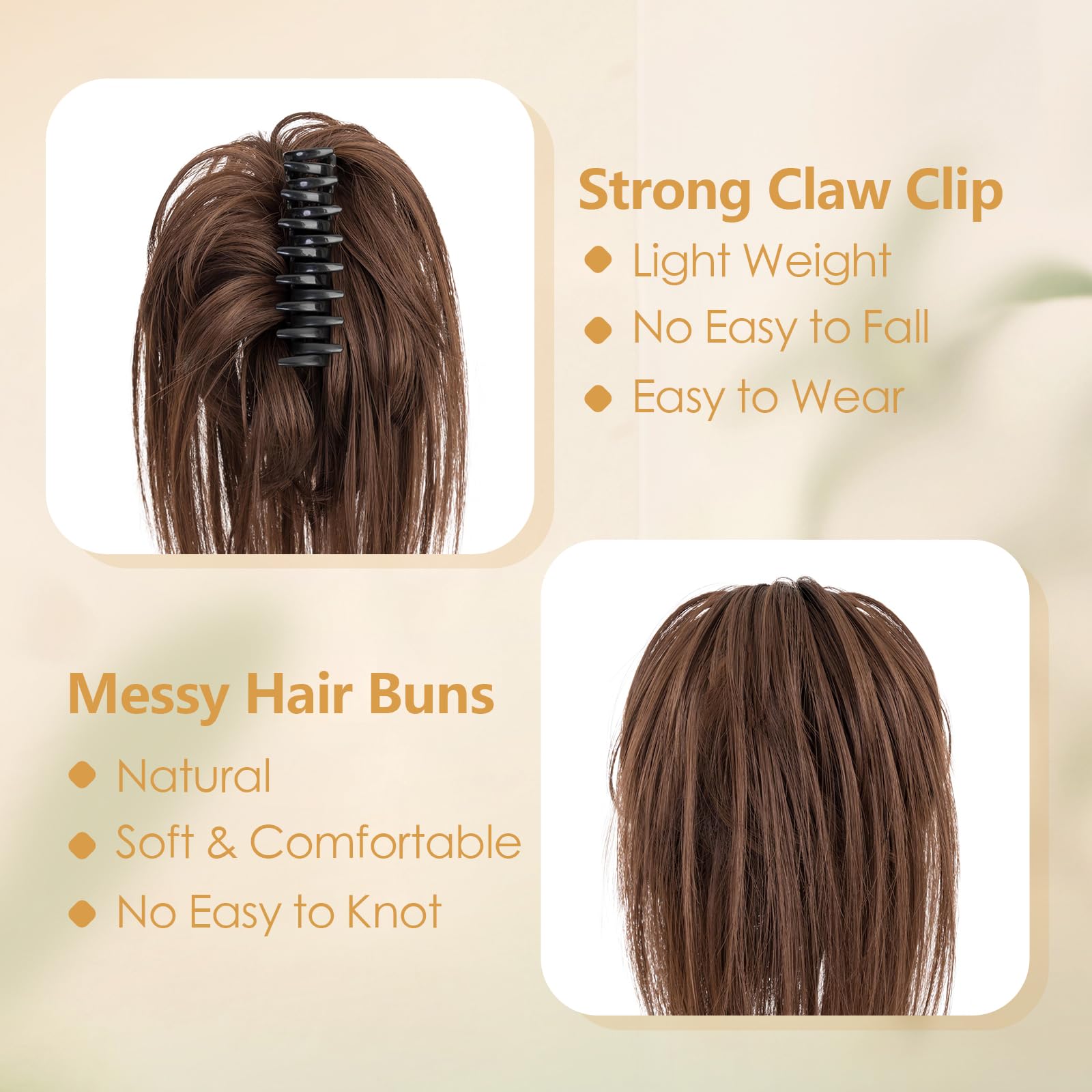 Benehair Claw Clip Messy Hair Bun Extension - Synthetic Straight Ponytail Hairpiece in Brown for Women (60g) - Image 4