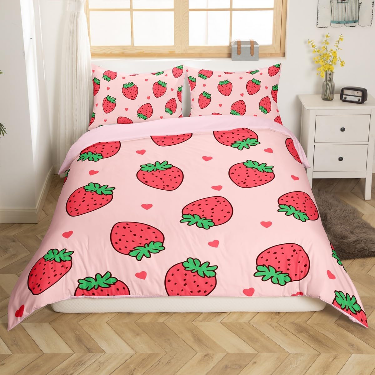jejeloiu Kids Toddler Size Strawberry Bedding Set Pink Strawberry Duvet Cover Sweet Fruit Comforter Cover for Kids Boys Girls Kawaii Bedspread Cover Zipper (No Comforter)