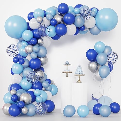 RUBFAC Kit de arco de guirnalda de globos azules, globos azules y blancos, arco de globos plateados azul real azul bebé blanco para baby shower,