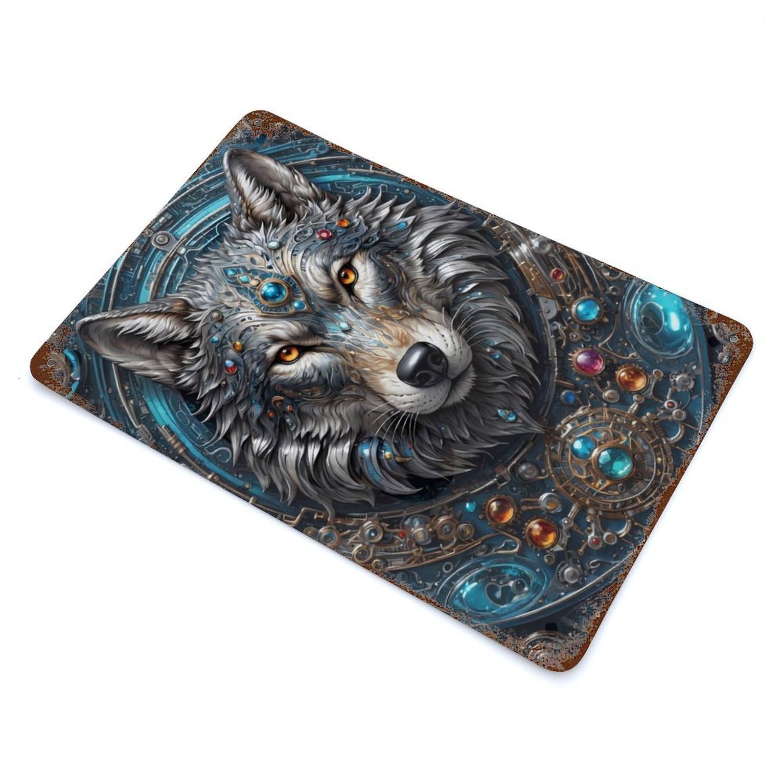 Rust Effect Mega Steampunk Wolf Weathered Tin Sign 11.8"x7.9", Shabby Chic Decor for Patio, Garden Room And Bar Decor